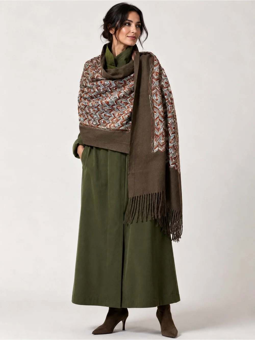 Women's neutral Pattern Fringe Alpaca, Lama Luxury Wrap Shawl w tiny rhinestones